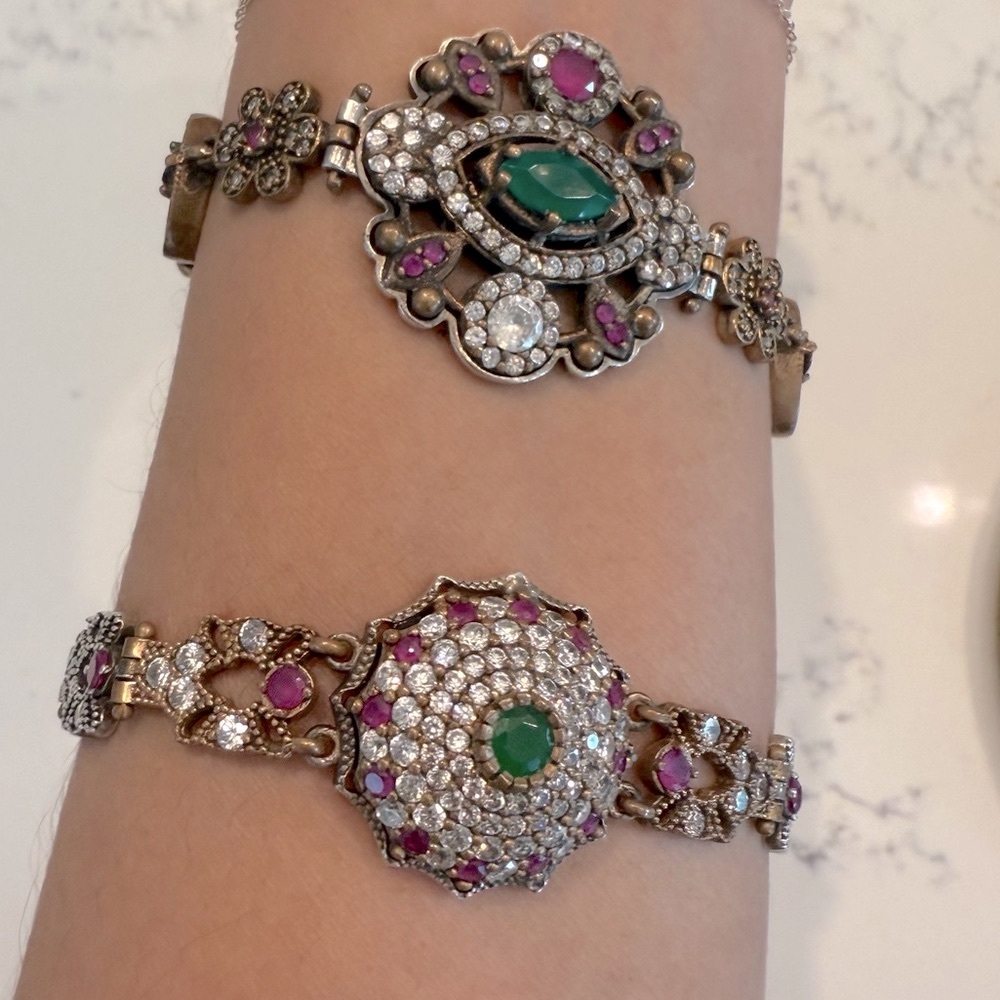 Elegant Emerald and Ruby Sterling Silver Intricate Gemstone Bracelet